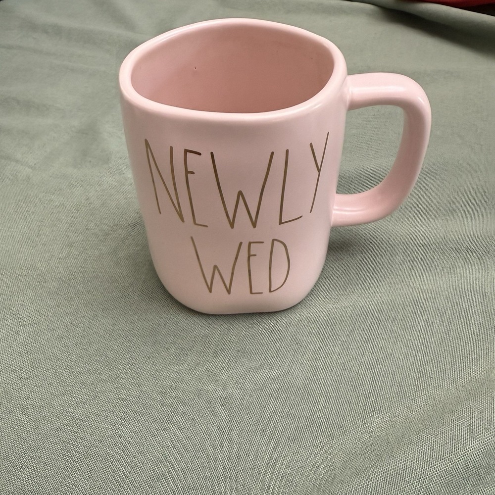 Rae Dunn Newlywed Pastel Pink Coffee Mug Gold Lettering Bride Wedding Preowned